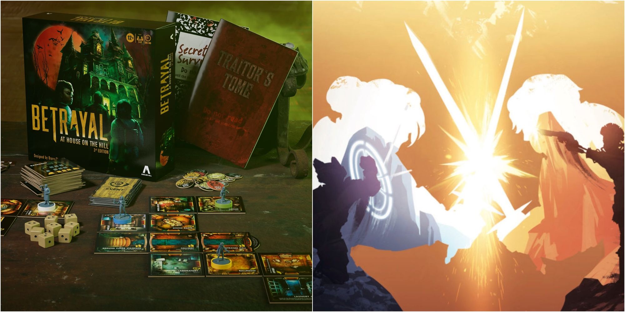 Betrayal at House on the Hill game box and contents beside two figures duelling as promo for Till the Last Gasp