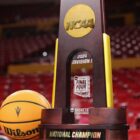 The NCAA men's basketball championship trophy