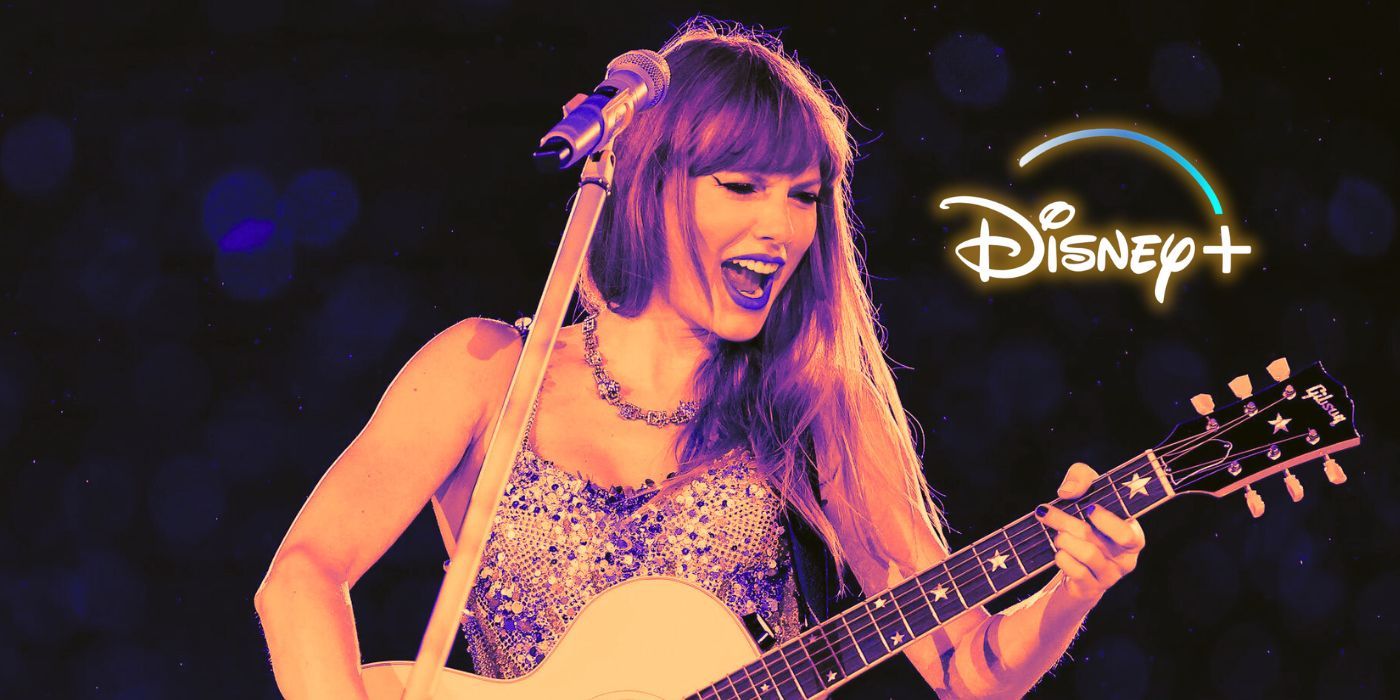 Taylor Swift plays guitar at the Eras Tour with Disney+ logo in the background