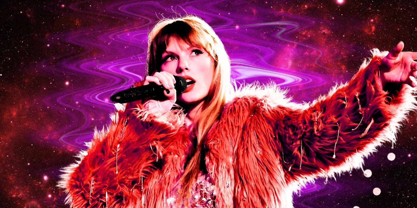 Taylor Swift performing Lavender Haze in The Eras Tour movie with a cosmic background