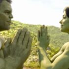 Hulk and She-Hulk doing yoga together