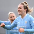 Lauren Hemp of Manchester City celebrates scoring ahead of the WSL Man City vs Man Utd women