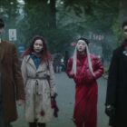 DEAD BOY DETECTIVES. (L to R) George Rexstrew as Edwin Payne, Kassius Nelson as Crystal Palace, Yuyu Kitamura as Niko Sasaki, and Jayden Revri as Charles Rowland in episode 4 of DEAD BOY DETECTIVES. Cr. Courtesy of Netflix © 2023