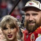 Taylor Swift and Travis Kelce during the NFL Super Bowl 58 football game