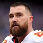 BALTIMORE, MARYLAND - JANUARY 28: Travis Kelce #87 of the Kansas City Chiefs warms up prior to the AFC Championship Game against the Baltimore Ravens at M&T Bank Stadium on January 28, 2024 in Baltimore, Maryland. (Photo by Patrick Smith/Getty Images)