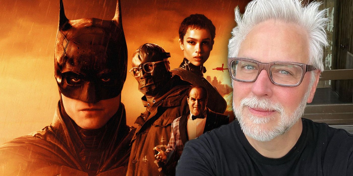 James Gunn and imagery from a poster for DCU movie The Batman