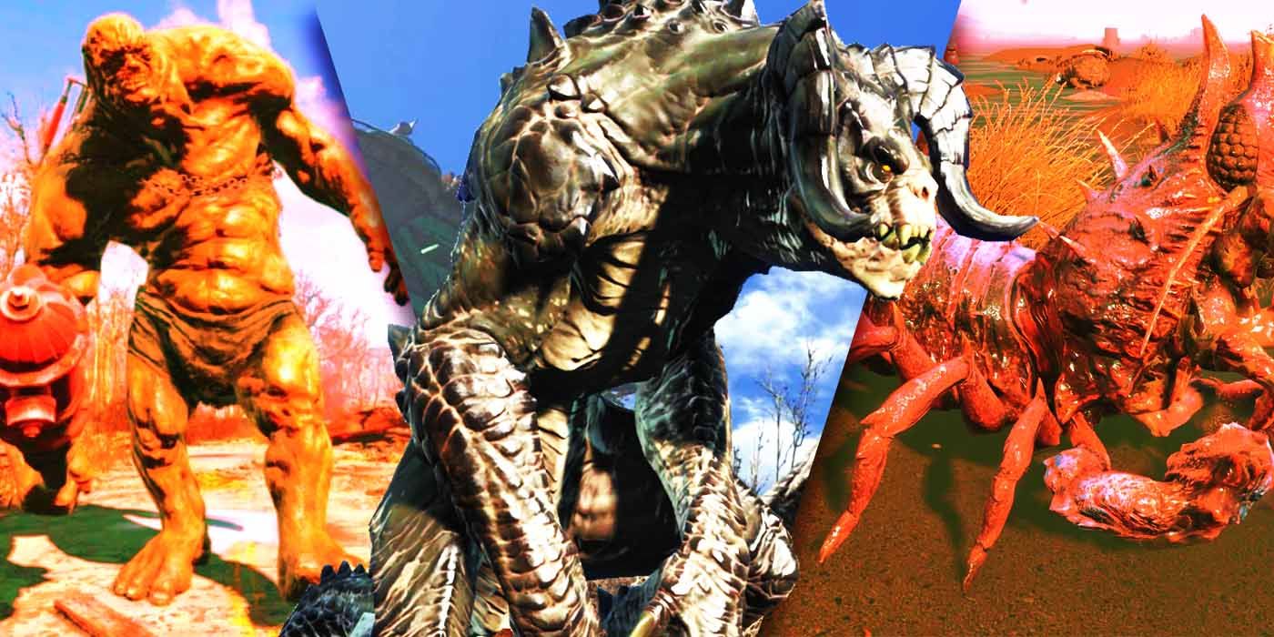 Split Images of Super Mutant, Deathclaw, and Mirelurk