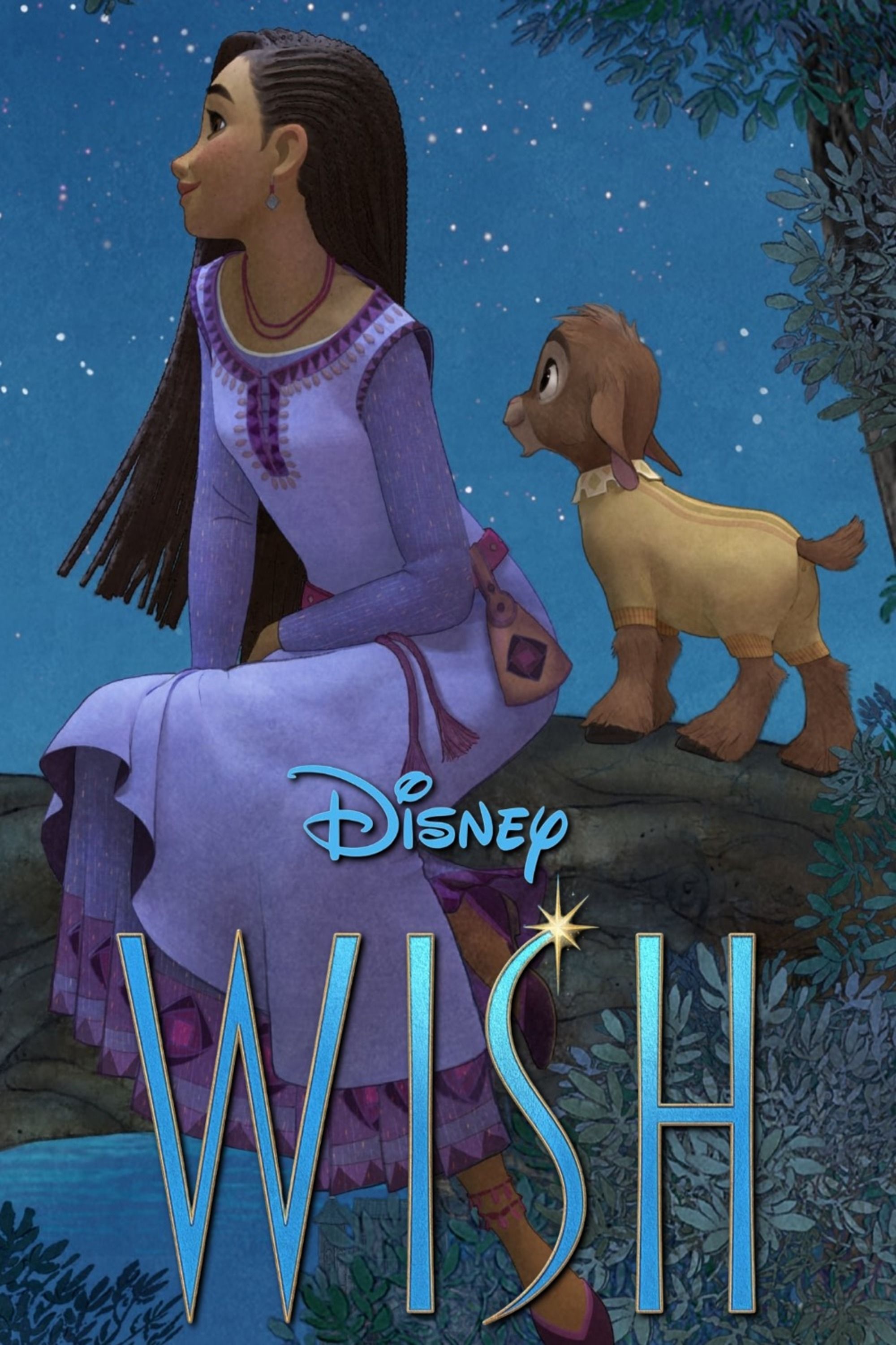 Asha sits with on a tree branch and looks at the stars on Disney Wish Poster