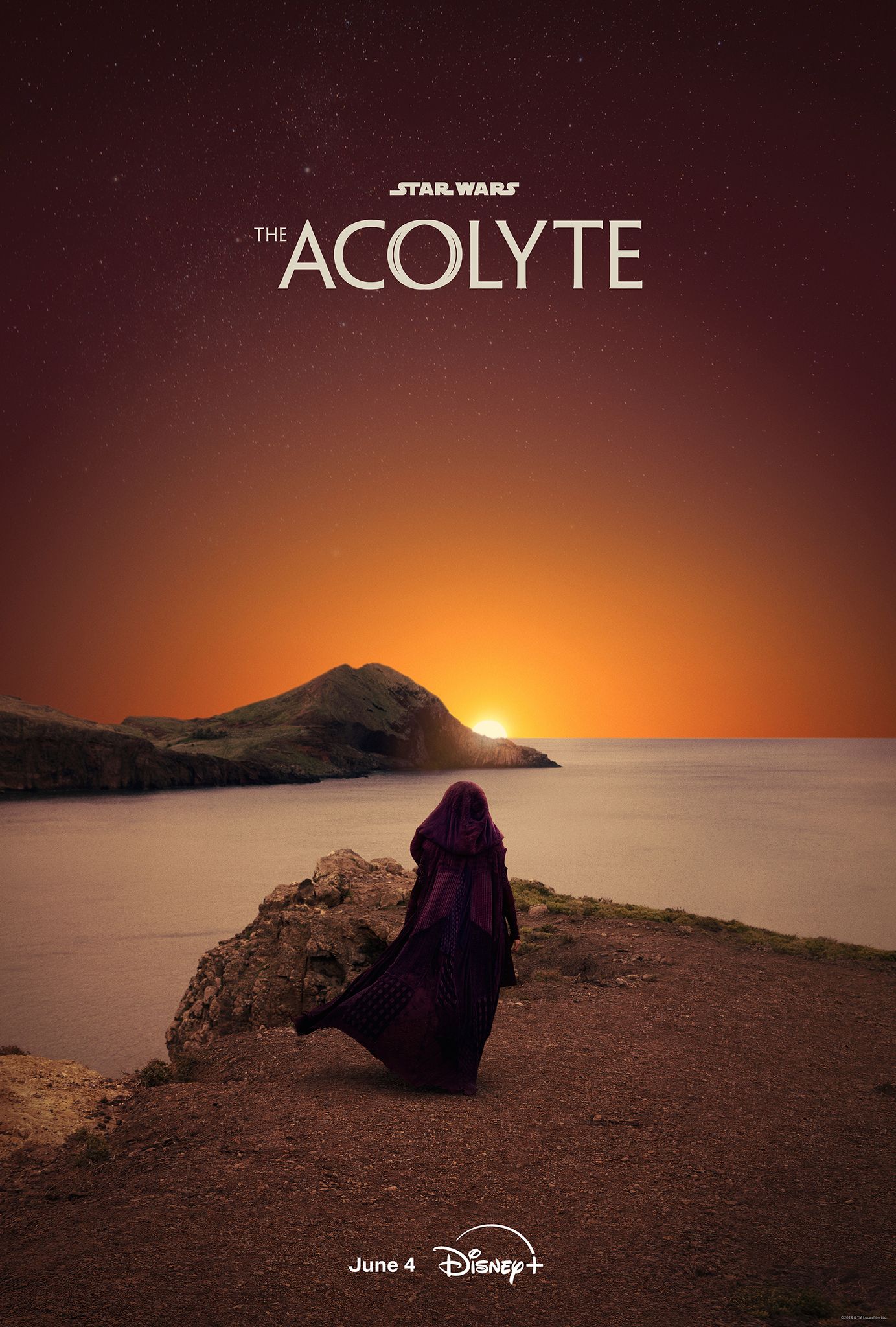 Affiche de Star Wars The Acolyte montrant un Sith surplombant une falaise regardant le lever du soleil