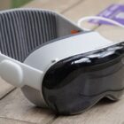 Apple Vision Pro on a table outdoors.