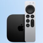 Apple TV 4K 2022 on a pale blue background, with Siri remote