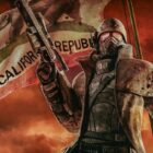 fallout new vegas NCR ranger in front of the NCR flag