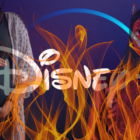 Satan, a pregnant woman, and the Disney+ logo all engulfed by flames.