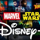 Marvel, Star Wars, and Disney+ logos, Marvel & Star Wars posters in background