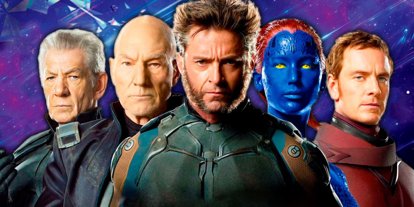 Magneto, Professor X, Wolverine, Mystique and young Magneto of Fox's X-Men films