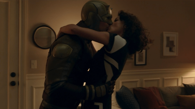 Daredevil and She-Hulk kissing passionately in Disney's She-Hulk: Attorney at Law
