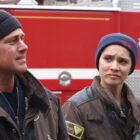 Taylor Kinney as Kelly Severide, Miranda Rae Mayo as Stella Kidd, David Eigenberg as Christopher Herrmann in 