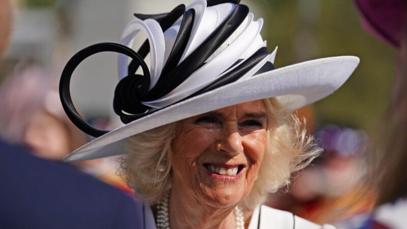 Queen Camilla rayonne en noir et blanc à la garden party royale de Buckingham Palace