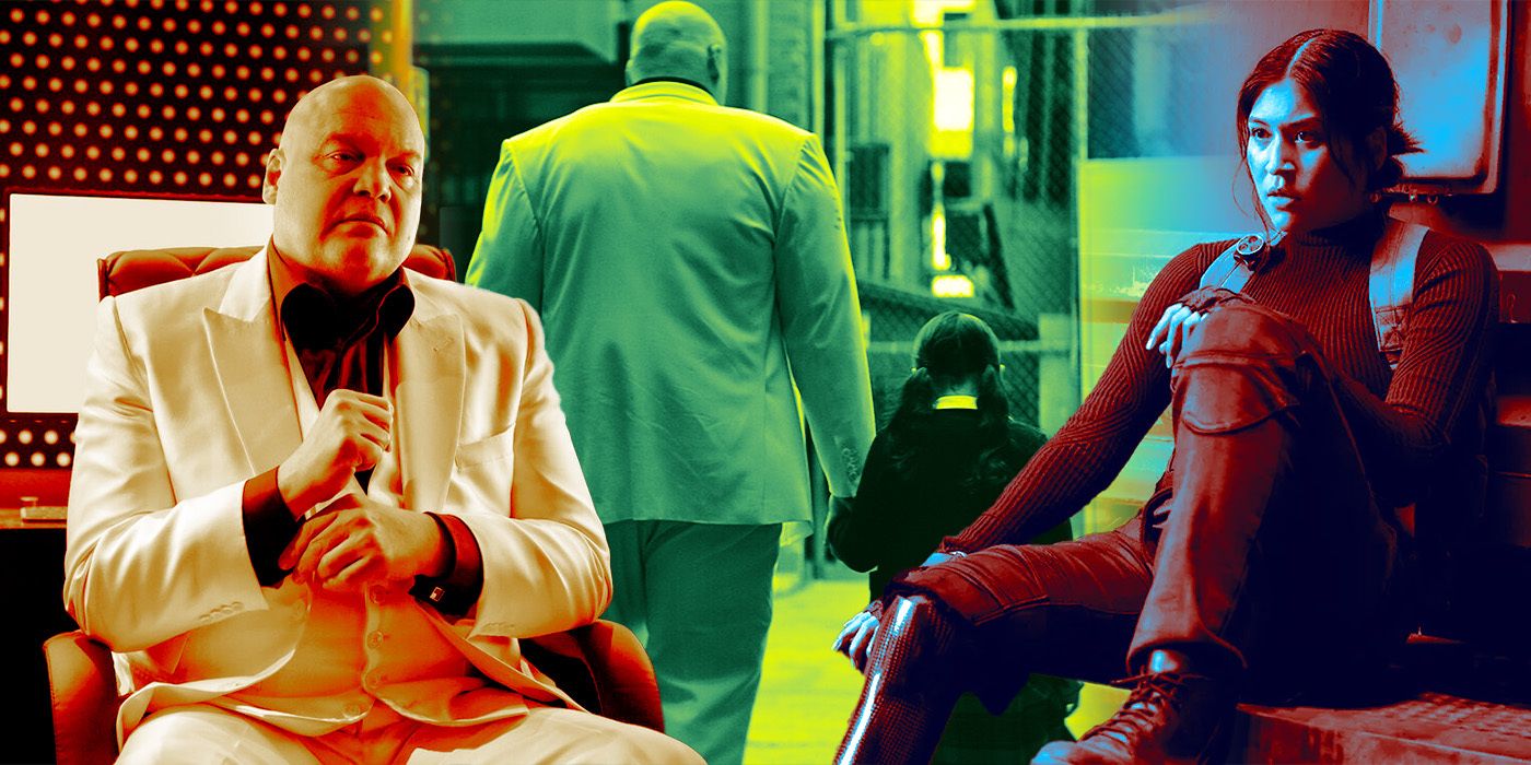 Alaqua Cox as Maya Lopez sitting down next to Vincent D'Onofrio as Kingpin wearing a white suit in Echo