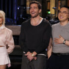 SATURDAY NIGHT LIVE -- Episode 1864 -- Pictured: (l-r) Musical guest Sabrina Carpenter, host Jake Gyllenhaal, and Bowen Yang during Promos in Studio 8H on Thursday, May 16, 2024 -- (Photo by: Rosalind OConnor/NBC)
