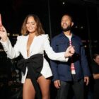 Chrissy Teigen and John Legend at JBL Fest on May 17 in New York, red carpet, Sans Feff, bow blazer