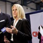 (L-R) Ed Goeas, Alice Stewart and Bob Heckman speaking for Michele Bachman in the spin room after The New Hampshire Republican Presidential Debate at Saint Anselm College in Manchester. The debate is sponsored by CNN, the New Hampshire Union Leader, and WMUR-TV New Hampshire.
