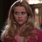Reese Witherspoon stands in court with a look of revelation in Legally Blonde.