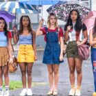 (left to right) Maia Reficco, Zaria, Bailee Madison, Chandler Kinney, Malia Pyles stand while holding umbrellas in Pretty Little Liars: Summer School