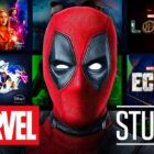 Deadpool, Disney Plus show posters in background, Marvel Studios logo