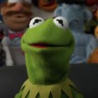 Kermit the Frog sitting in office chair with Gonzo, Fozzie, Swedish Chef and Sam the Eagle behind him in The Muppets