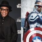 Giancarlo Esposito next to a photo of Anthony Mackie dressed as Captain America holding a shield.