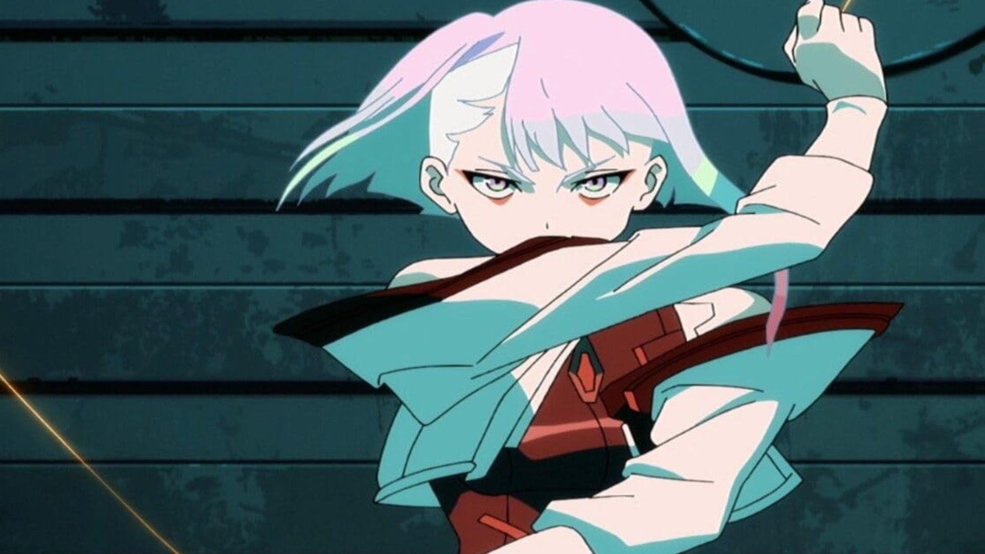 Animated still of a white-haired character from the TV show Cyberpunk: Edgerunners looking directly at the viewer