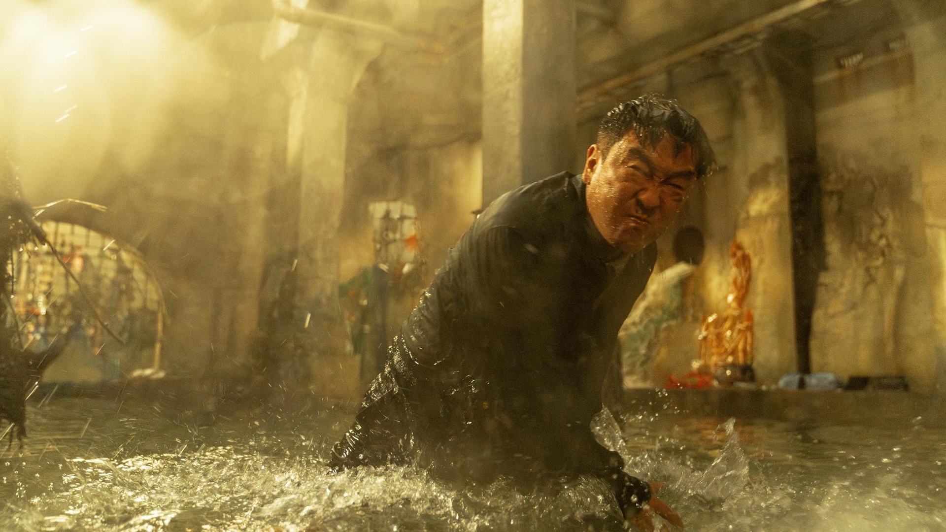 Action sequence of a character from the TV show Moving looking disgruntled in water