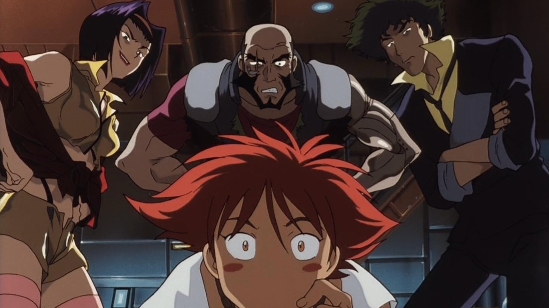Three larger characters are standing over a surprised looking character from the animated TV show Cowboy Bebop