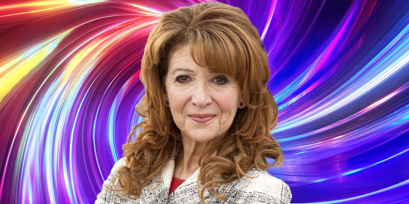 Bonnie Langford in front of a blue and pink swirly background for a Doctor Who Interview