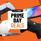 Amazon Prime Day deals badge with gaming consoles and laptop surrounding