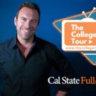 Advertisement of TV Show The College Tour with Image of Host and Logo of Show and University