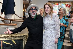LONDON, ENGLAND - JULY 01: Mr. Brainwash and Princess Beatrice of York attend the presentation of Mr. Brainwash by Clarendon Fine Art and Jack Barclay Bentley at Jack Barclay Bentley on July 01, 2024 in London, England. (Photo by Kate Green/Getty Images)