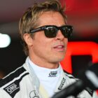 NORTHAMPTON, ENGLAND - JULY 04: Brad Pitt, star of the upcoming Formula One based movie, talks to the media in the Paddock during previews ahead of the F1 Grand Prix of Great Britain at Silverstone Circuit on July 04, 2024 in Northampton, England. (Photo by Rudy Carezzevoli/Getty Images)