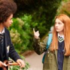 Harriet points at her friend Toby in Geek Girl.