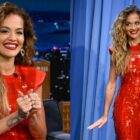 Rita Ora on "The Tonight Show Starring Jimmy Fallon" on July 9, sequins, shoulder pads, Sportmax, red dress, Chopard