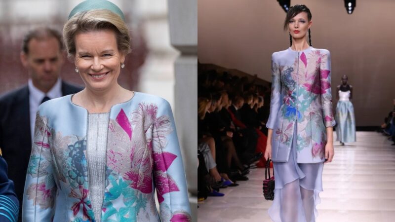 Queen Mathilde of Belgium honore les soldats belges avec un look couture Giorgio Armani Privé