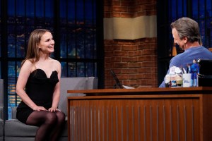 LATE NIGHT WITH SETH MEYERS -- Episode 1541 -- Pictured: (l-r) Actress Natalie Portman during an interview with host Seth Meyers on July 16, 2024 -- (Photo by: Lloyd Bishop/NBC via Getty Images)