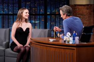 LATE NIGHT WITH SETH MEYERS -- Episode 1541 -- Pictured: (l-r) Actress Natalie Portman during an interview with host Seth Meyers on July 16, 2024 -- (Photo by: Lloyd Bishop/NBC via Getty Images)