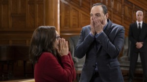A man and woman clasping their hands to their mouths; Julia Louis-Dreyfus and Tony Hale in 'Veep'