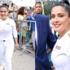 VERSAILLES, FRANCE - JULY 23: Salma Hayek runs during the Paris Olympics torch relay on July 23, 2024 in Versailles, France. Paris will host the Summer Olympics from July 26 to August 11, 2024. (Photo by Lyvans Boolaky/Getty Images)