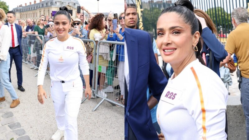 Salma Hayek en tenue de sport pour le relais de la flamme olympique à Versailles