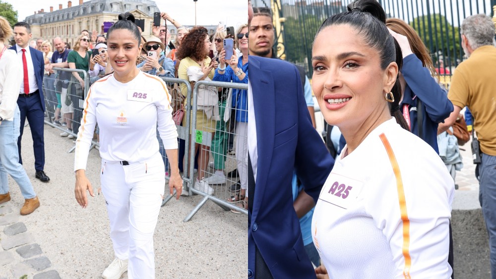 Salma Hayek en tenue de sport pour le relais de la flamme olympique à Versailles