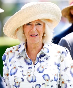 ASCOT, UNITED KINGDOM - JULY 27: (EMBARGOED FOR PUBLICATION IN UK NEWSPAPERS UNTIL 24 HOURS AFTER CREATE DATE AND TIME) Queen Camilla assiste à la journée QIPCO King George à l'hippodrome d'Ascot le 27 juillet 2024 à Ascot, en Angleterre. (Photo by Max Mumby/Indigo/Getty Images), suzannah london maximalist floral print shirtdress with irises