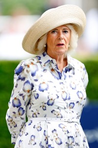 ASCOT, UNITED KINGDOM - JULY 27: (EMBARGOED FOR PUBLICATION IN UK NEWSPAPERS UNTIL 24 HOURS AFTER CREATE DATE AND TIME) Queen Camilla assiste à la journée QIPCO King George à l'hippodrome d'Ascot le 27 juillet 2024 à Ascot, en Angleterre. (Photo by Max Mumby/Indigo/Getty Images), suzannah london maximalist floral print shirtdress with irises